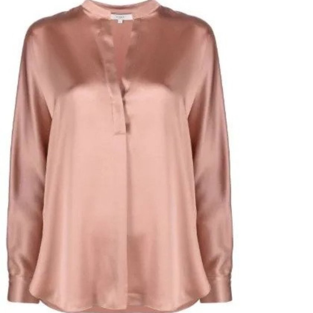 VINCE Band Collar Blouse in Blush & Cream,  Small